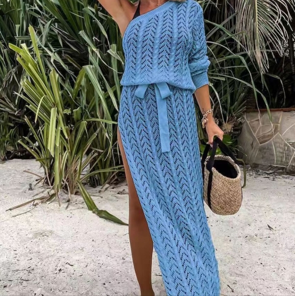 (Out of  Stock) Blue Slit Openwork Single Shoulder Knit Dress - Picture 5 of 10